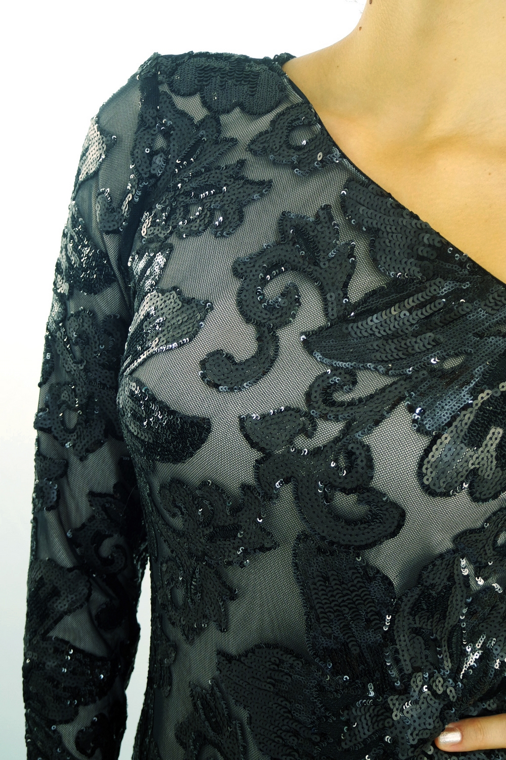 Abito monospalla lungo in pizzo e pailette nero - AtelierRita - Alta moda -  Sartoria artigianale abiti